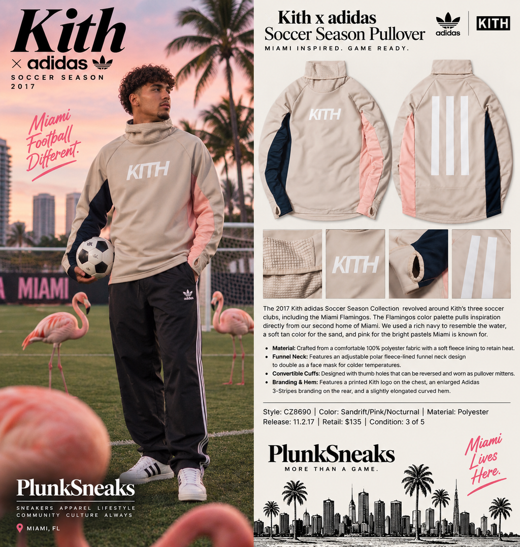 Kith Adidas Miami FC Flamingos Soccer Funnel Neck Pullover Sandrift 2017 (USED)