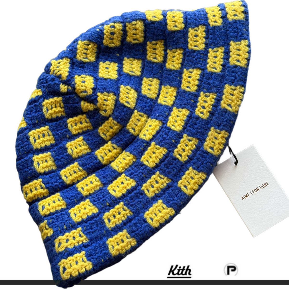 Aimé Leon Dore Checkerboard Crochet Bucket Hat Blue Yellow 2023