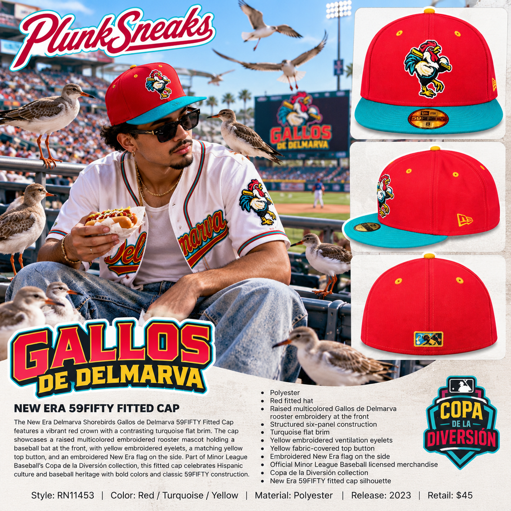 New Era MiLB Delmarva Shorebirds Gallos de Delmarva 59FIFTY Fitted Hat Red Turquoise 2023