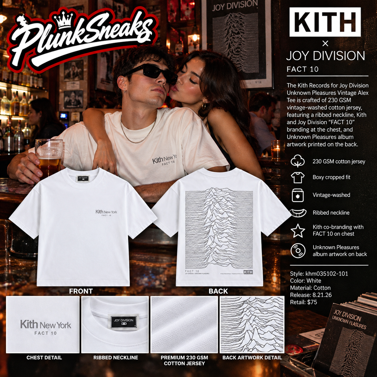 Kith Records for Joy Division Unknown Pleasures Vintage Alex Tee White 2026