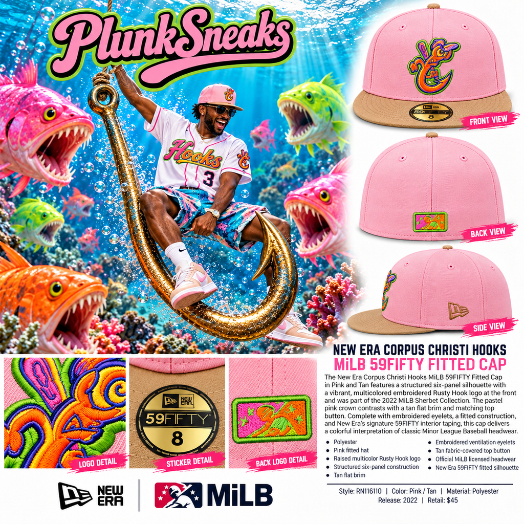 New Era MiLB Corpus Christi Hooks Rusty Hook 59FIFTY Sherbet Collection Fitted Hat Pink Tan 2022