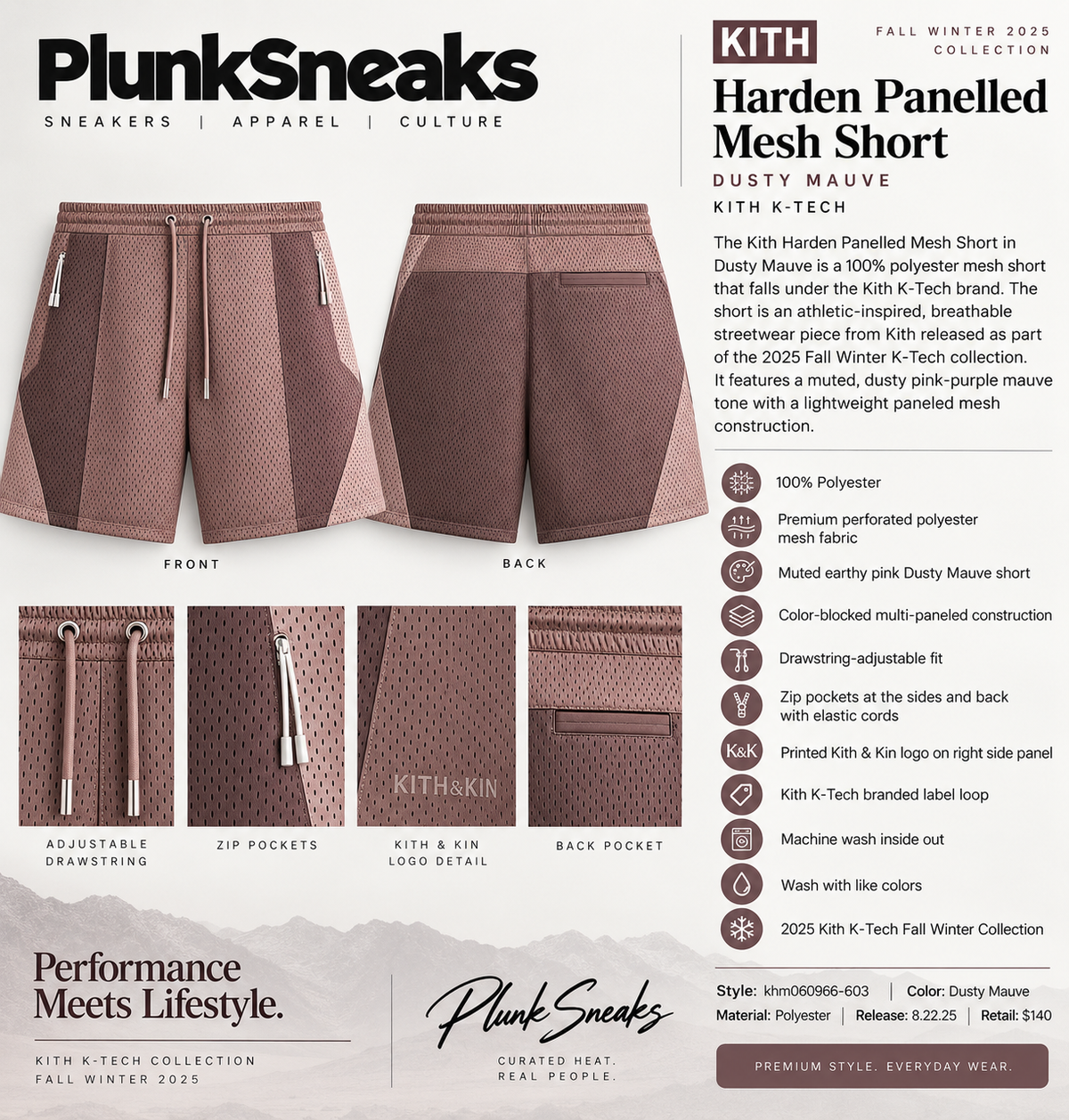 Kith K-Tech Harden Panelled Mesh Short Dusty Mauve 2025