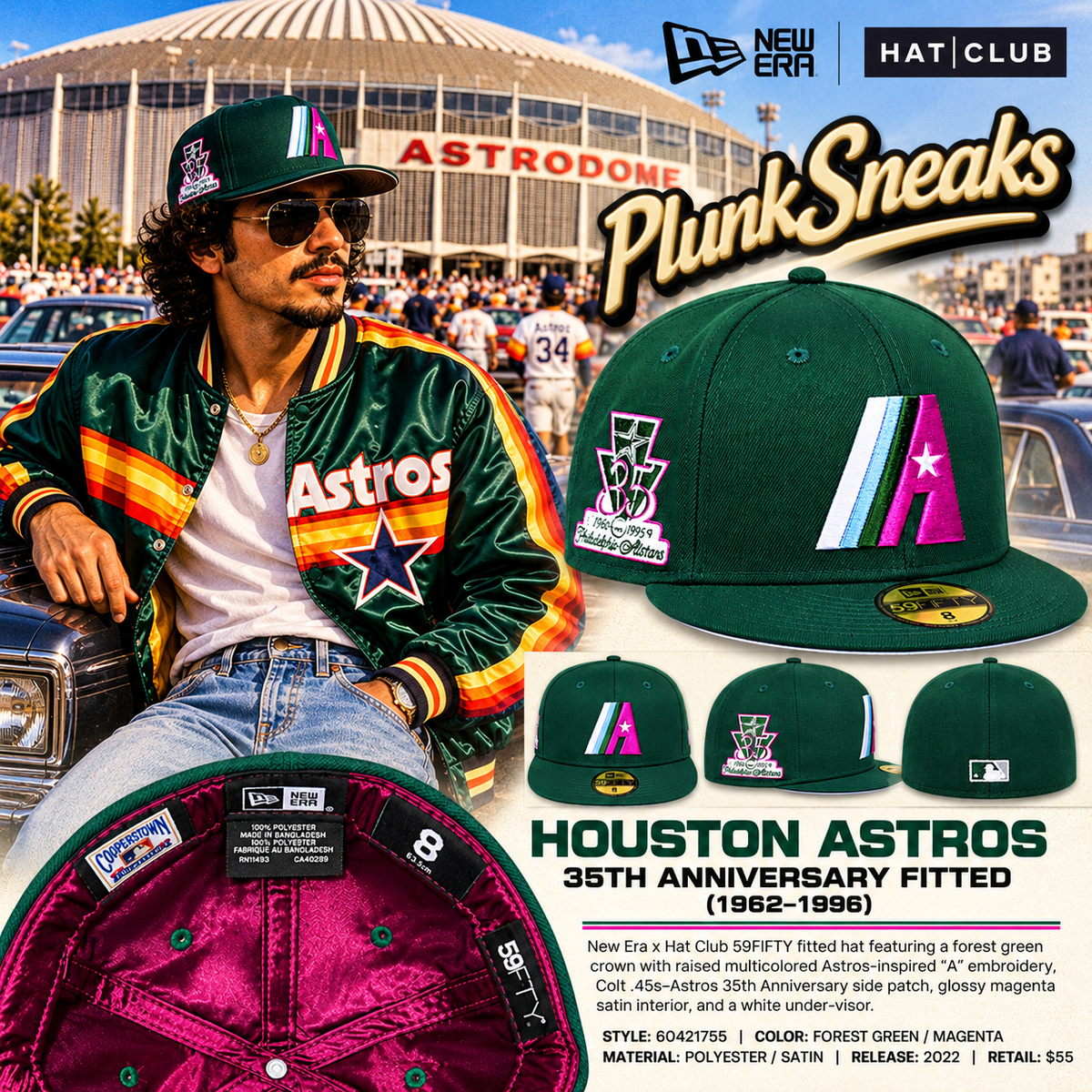 Hat Club Satin Collection New Era Houston Astros Colt .45s 35th Anniversary 59FIFTY Fitted Hat Forest Green 2022
