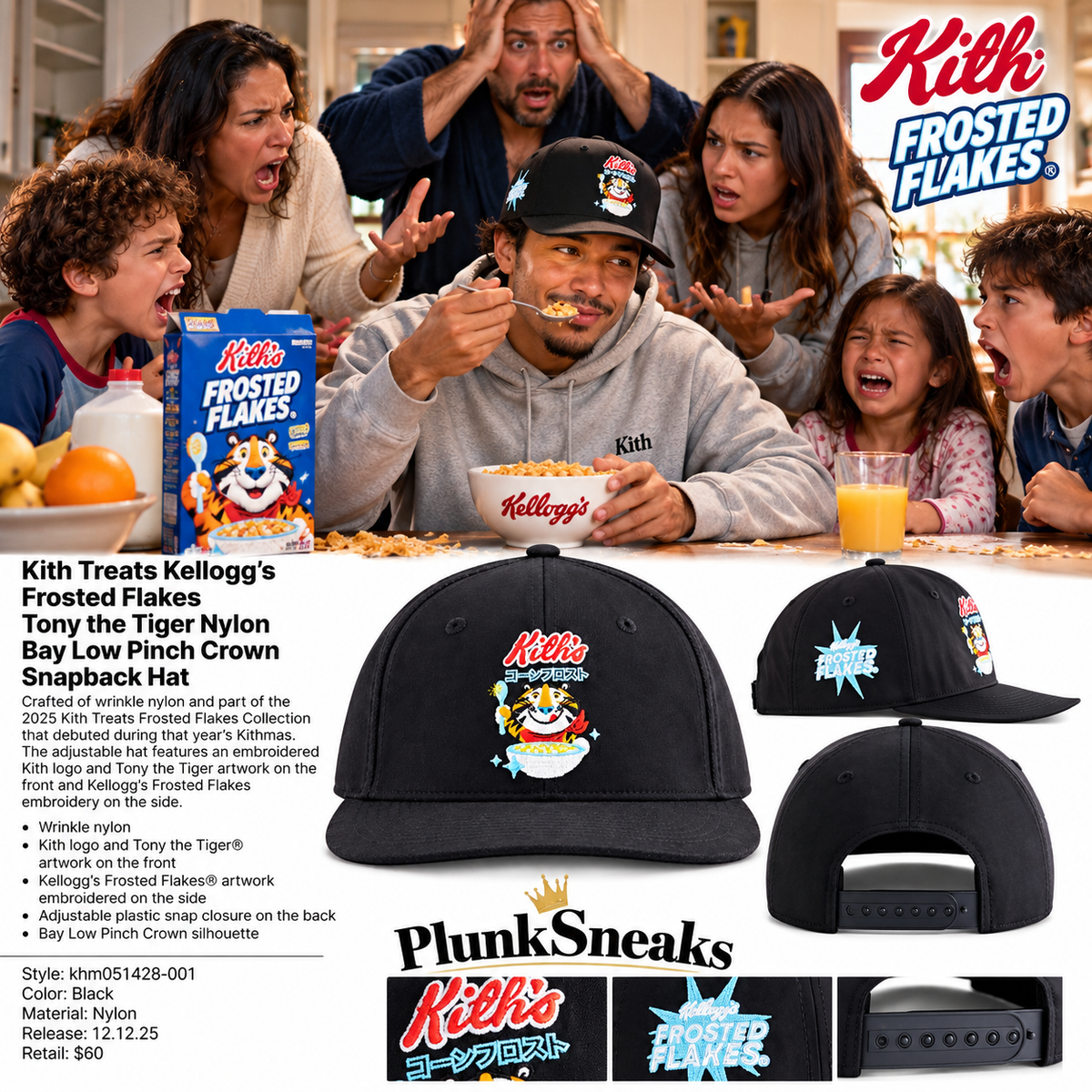 Kith Treats Kellogg’s Frosted Flakes Tony the Tiger Nylon Bay Low Pinch Crown Snapback Hat 2025