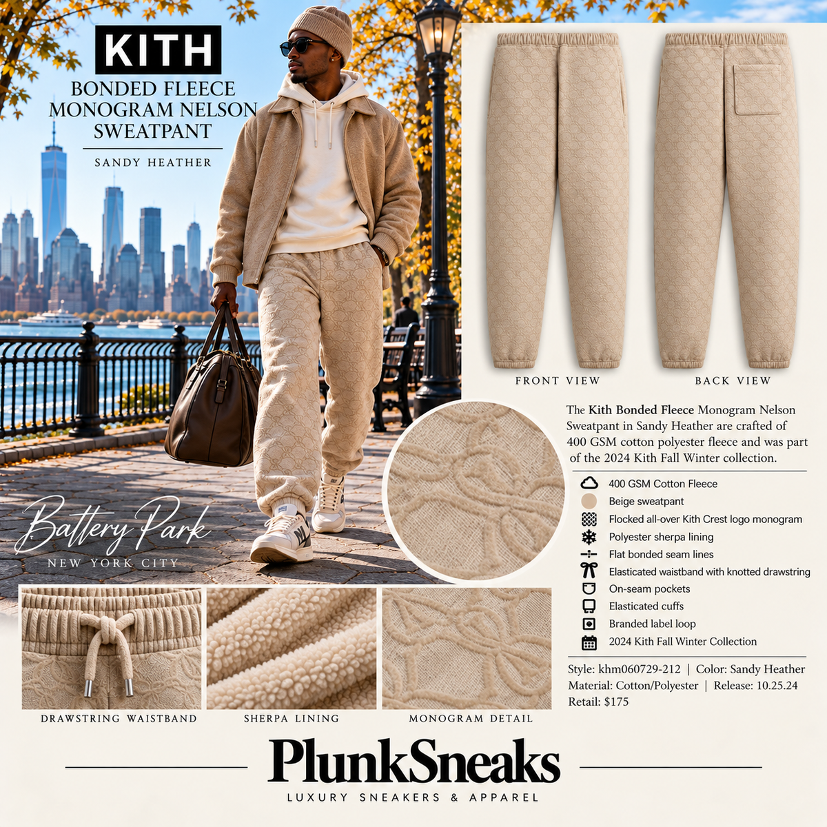 Kith Bonded Fleece Monogram Nelson Sweatpant Sandy Heather 2024