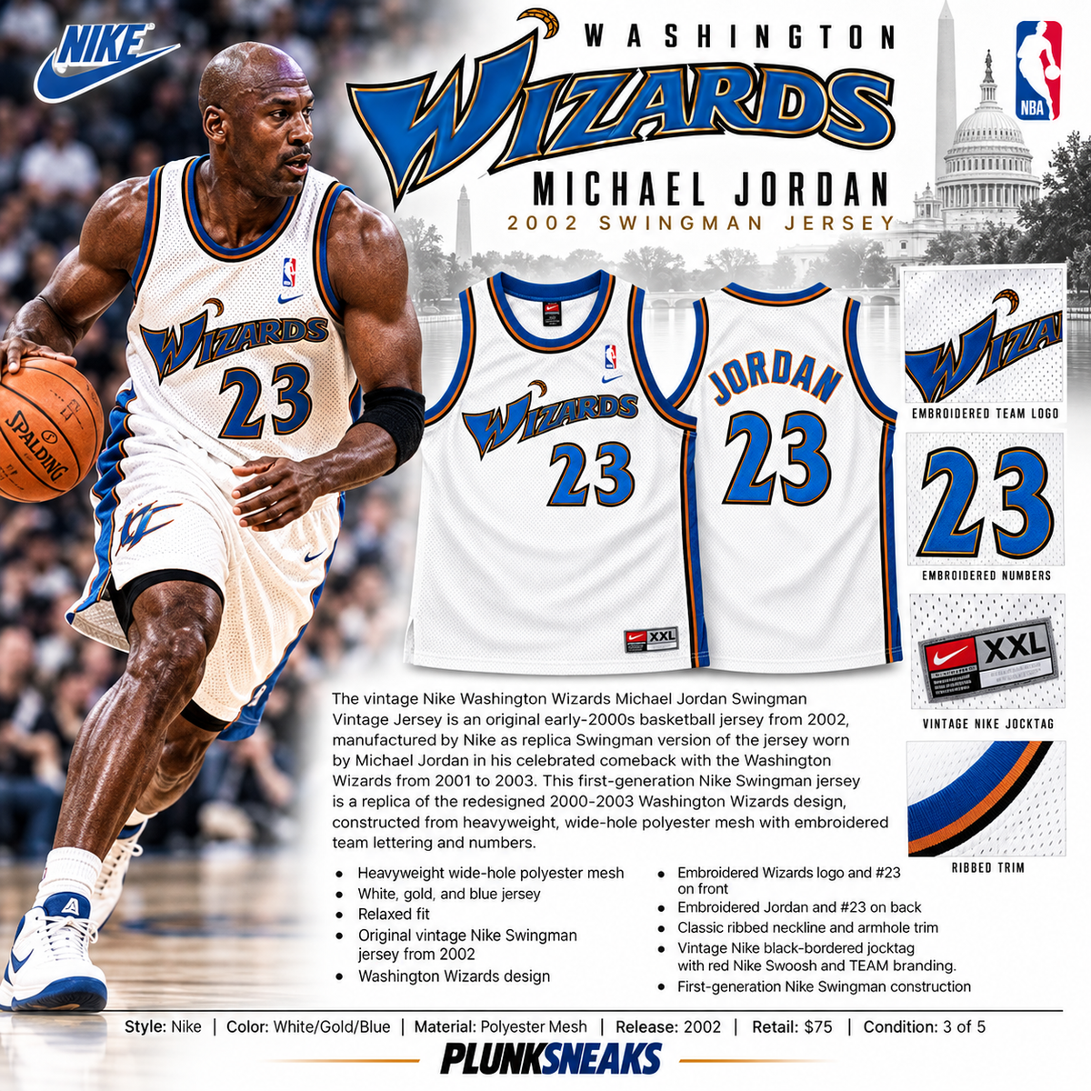 Nike Washington Wizards Micheal Jordan Swingman Vintage Jersey White 2002 (USED)