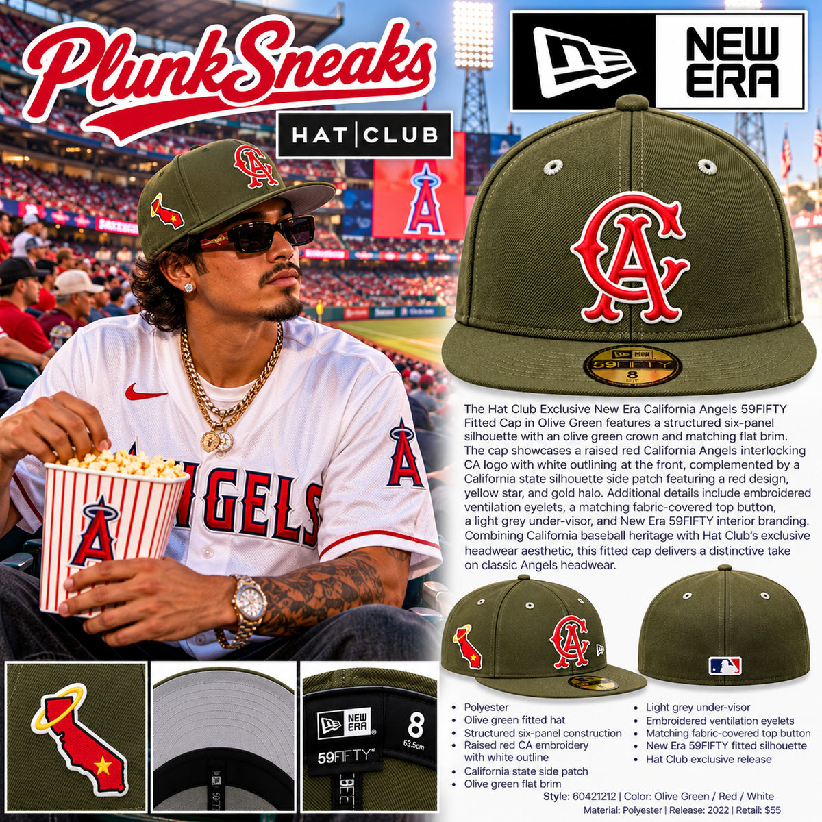 Hat Club New Era California Angels 59FIFTY Fitted Hat Olive Red 2022