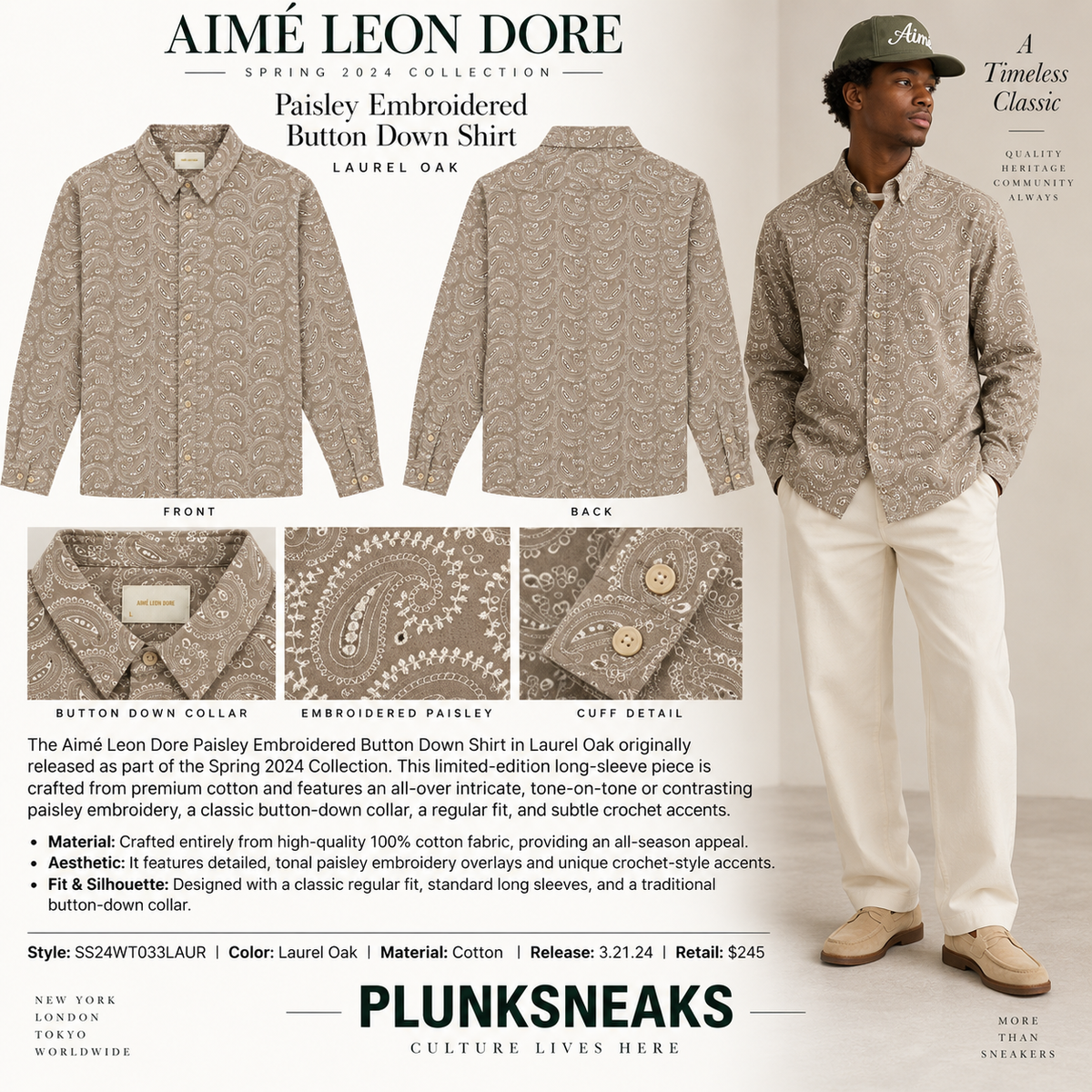Aimé Leon Dore Paisley Embroidered Button Down Laurel Oak 2024