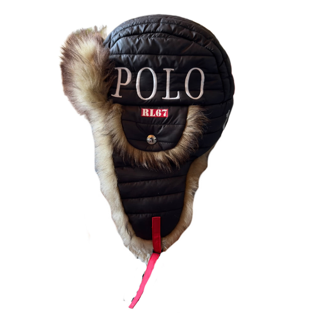 Polo Ralph Lauren Winter Stadium 1992 Earflap Hat Black Tan 2018 (USED)