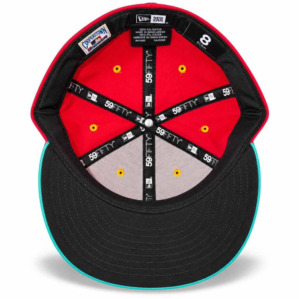 New Era MiLB Delmarva Shorebirds Gallos de Delmarva 59FIFTY Fitted Hat Red Turquoise 2023