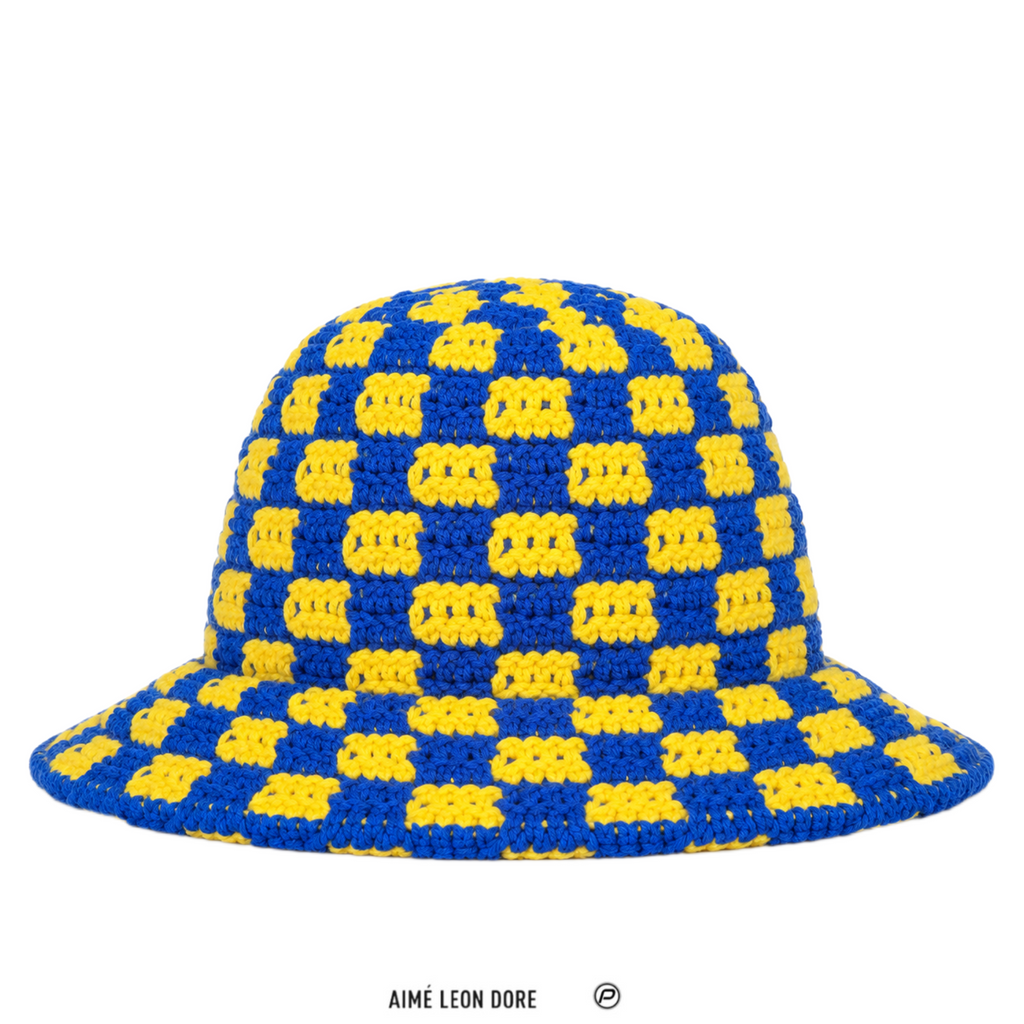 Aimé Leon Dore Checkerboard Crochet Bucket Hat Blue Yellow 2023
