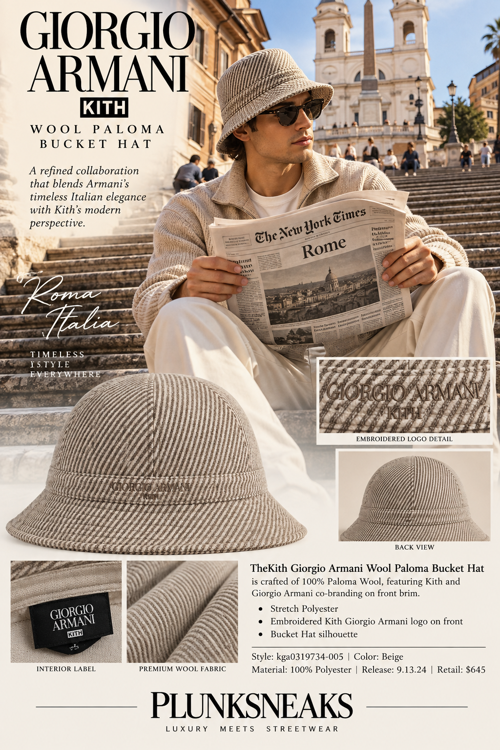 Kith Giorgio Armani Wool Paloma Bucket Hat Beige 2024