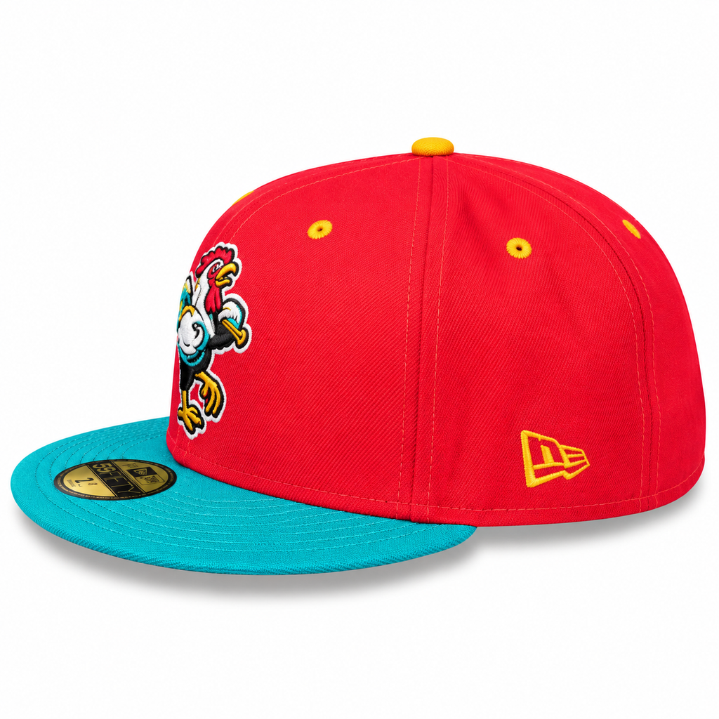 New Era MiLB Delmarva Shorebirds Gallos de Delmarva 59FIFTY Fitted Hat Red Turquoise 2023