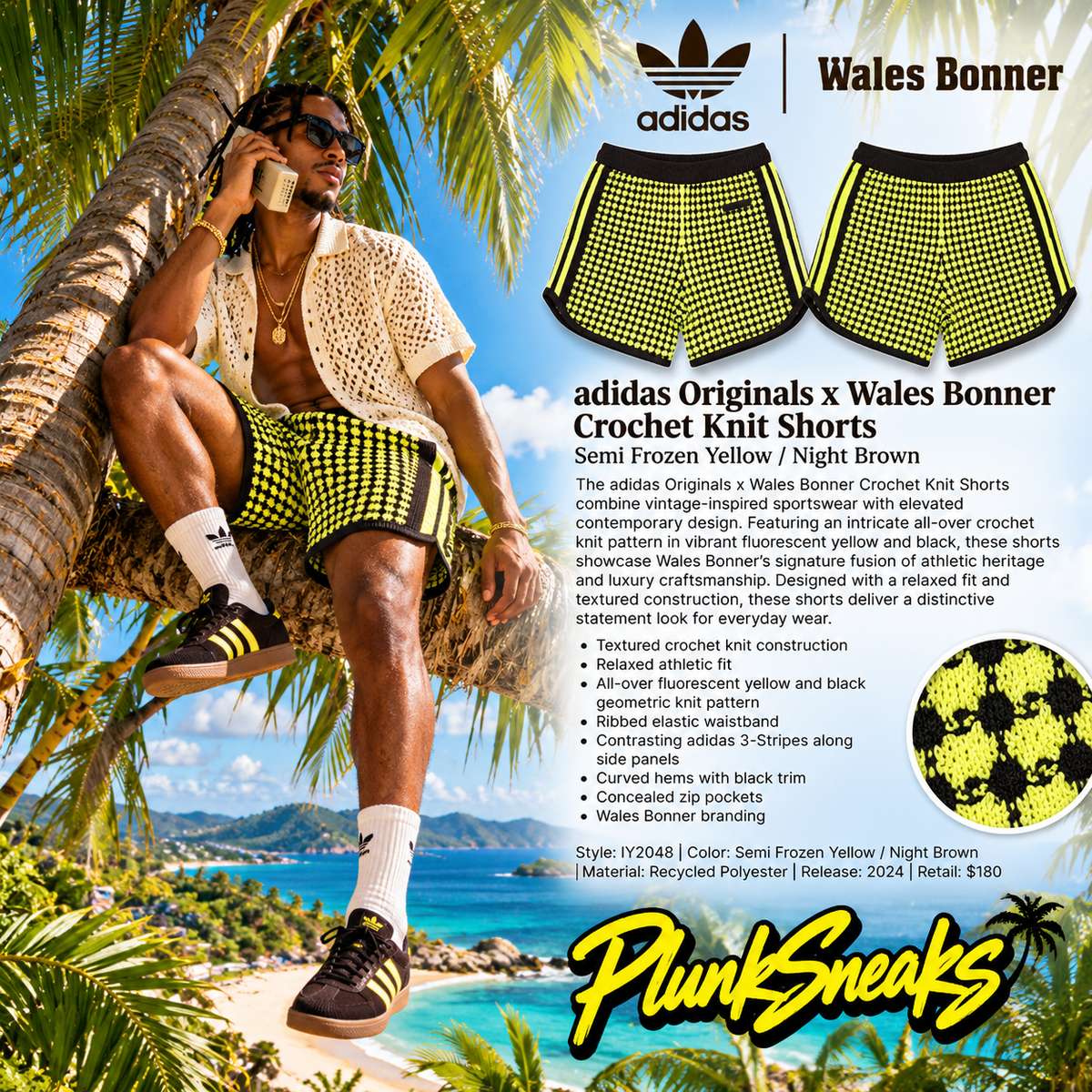 adidas Originals Wales Bonner Crochet Knit Shorts Semi Frozen Yellow Brown 2024 (USED)