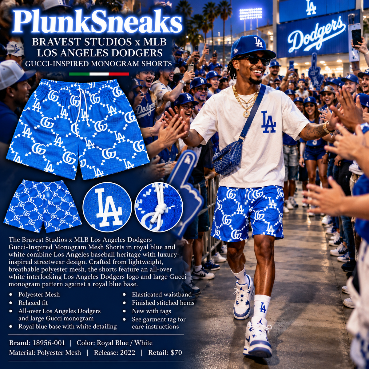 Bravest Studios Los Angeles Dodgers Gucci-Inspired Mesh Monogram Shorts Royal Blue 2022
