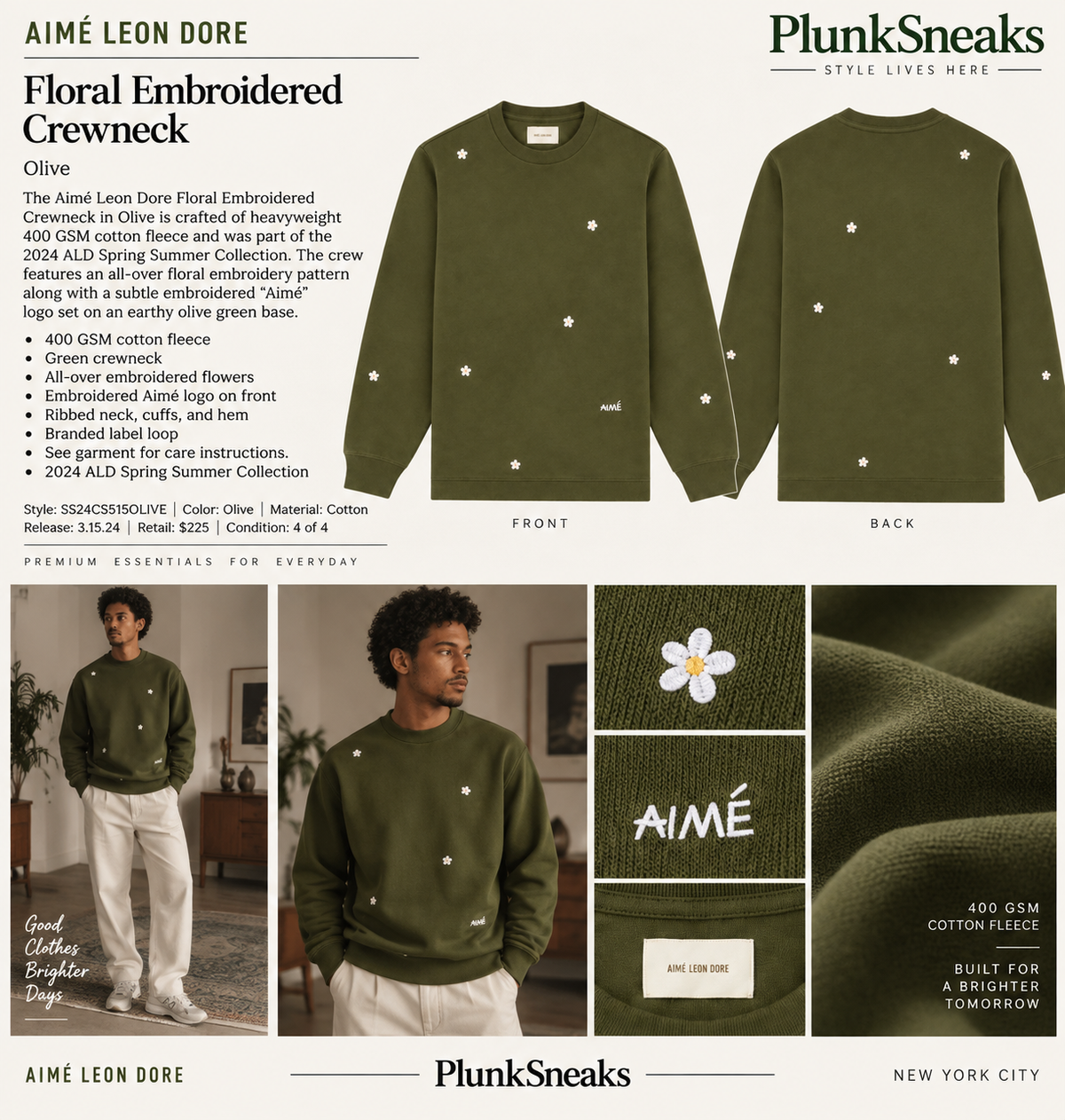 Aimé Leon Dore Floral Embroidered Crewneck Olive 2024 (USED)