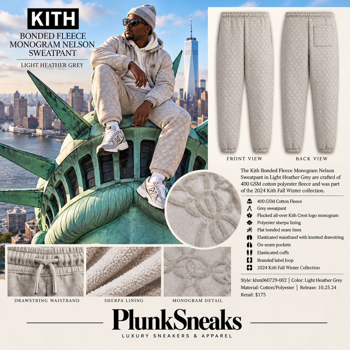Kith Bonded Fleece Monogram Nelson Sweatpant Light Heather Grey 2024