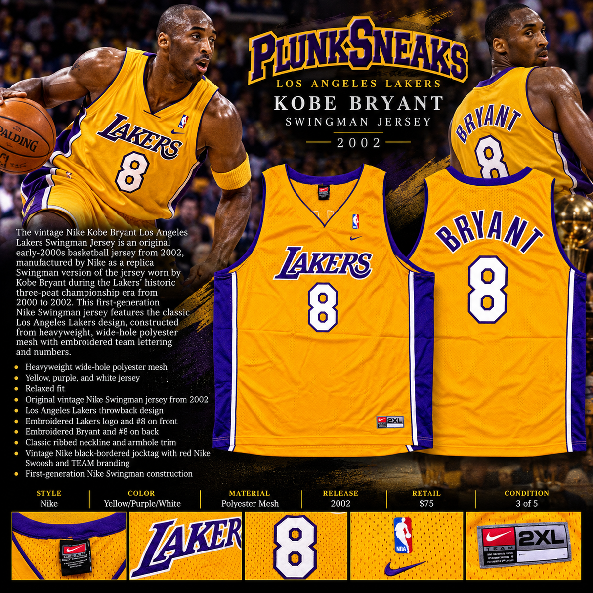 Nike Los Angeles Lakers Kobe Bryant Swingman Vintage Jersey Yellow 2002 (USED)