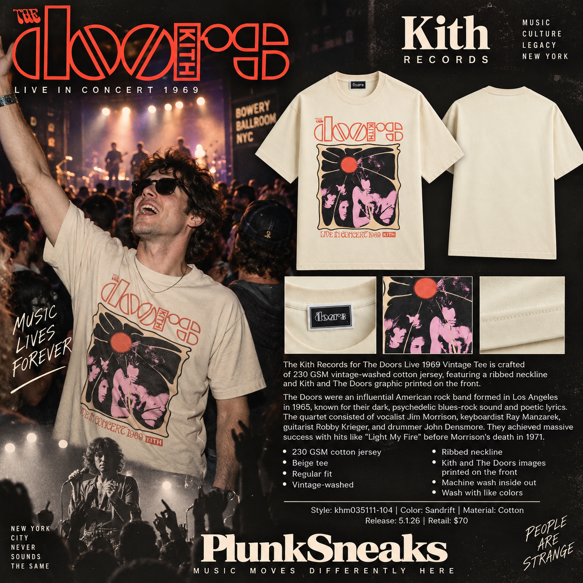 Kith Records for The Doors Live 1969 Vintage Tee Sandrift 2026