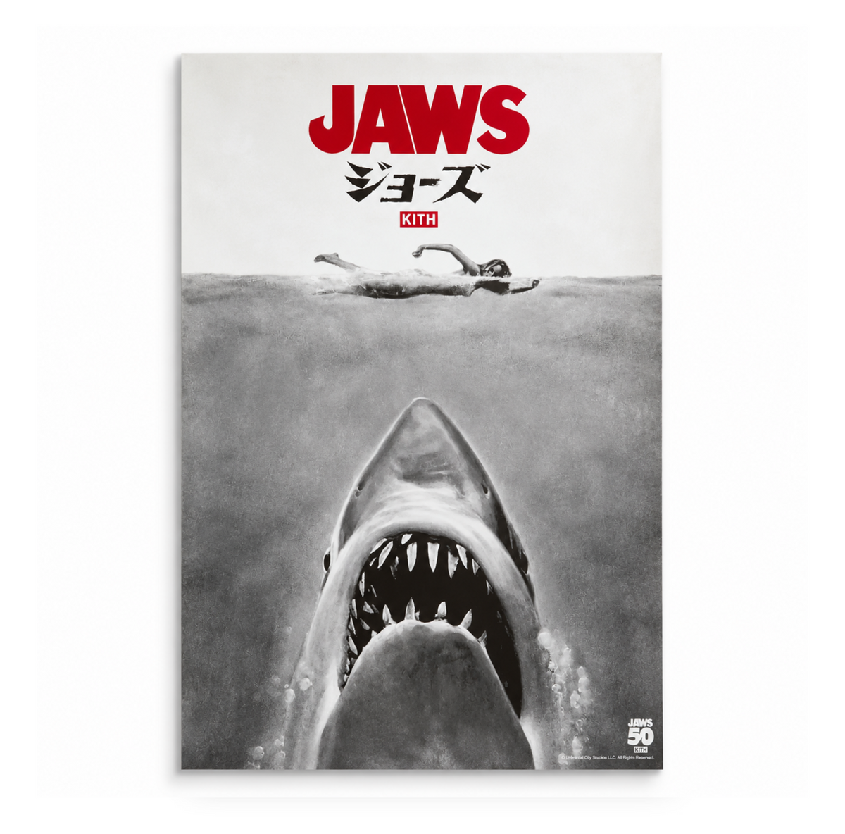 Kith for JAWS 50th Anniversary Japanese Movie Poster Grey Black Red 2025